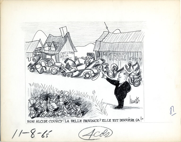Figure 4 Caricature par Raoul Hunter (1926-2018). Il a travaillé pour Le Soleil de 1956 à 1989. BAnQ, fonds Raoul Hunter (P716, S1, P65-08-11)