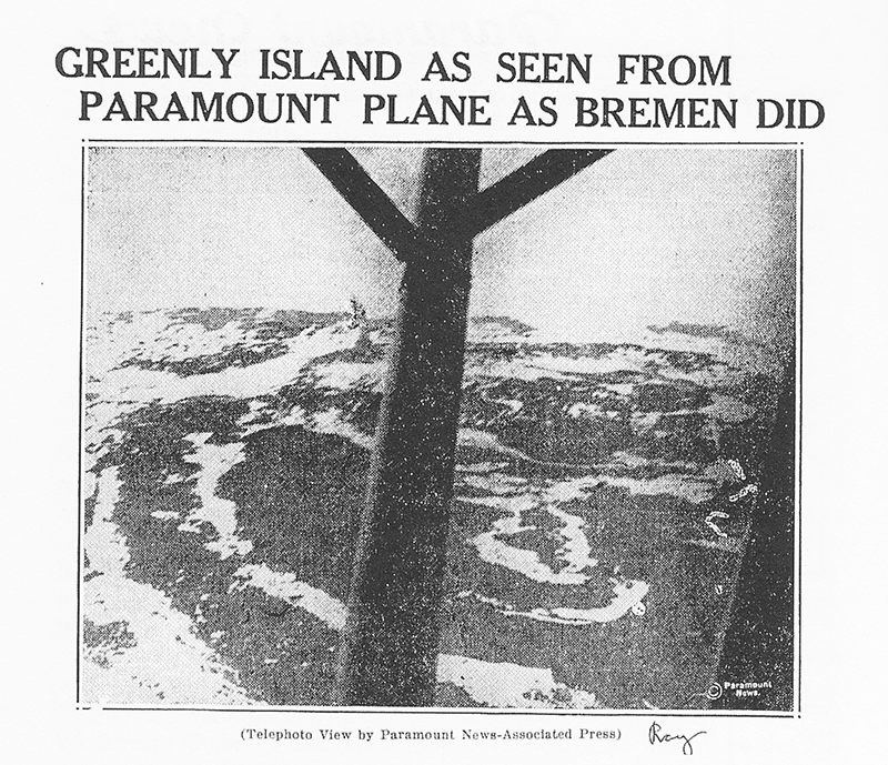 Figure 4: Newspaper clipping of the big story. Photo, adapted from Ray’s newsreel, shows Greenly Island as taken from the Fairchild. Note the credit lines at the bottom. Source: Daredevil Cameraman.