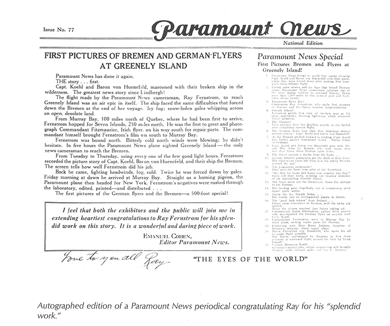 Figure 6: Autographed edition of a Paramount News periodical congratulating Ray for his “splendid work.” Source: Daredevil Cameraman.