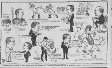 Figure 1 Caricature de La Presse (4 avril 1924, p. 18) illustrant la compétition des athlètes universitaires et la présence de notables invités.