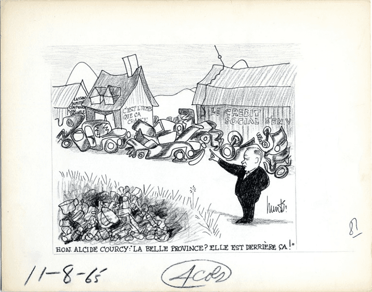 Figure 4 Caricature par Raoul Hunter (1926-2018). Il a travaillé pour Le Soleil de 1956 à 1989. BAnQ (https://numerique.banq.qc.ca/patrimoine/archives/52327/3271224), fonds Raoul Hunter (P716, S1, P65-08-11)