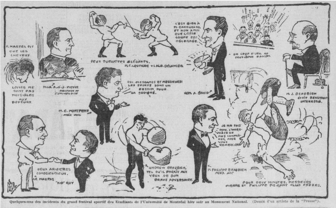Figure 1 : Caricature de La Presse (4 avril 1924, p. 18) illustrant la compétition des athlètes universitaires et la présence de notables invités.